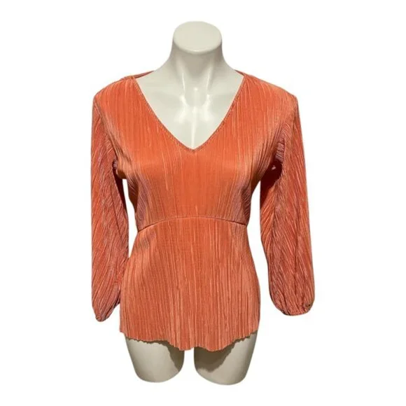 Halogen Small Orange Long Sleeve V Neck Micropleated Top - Picture 2 of 6